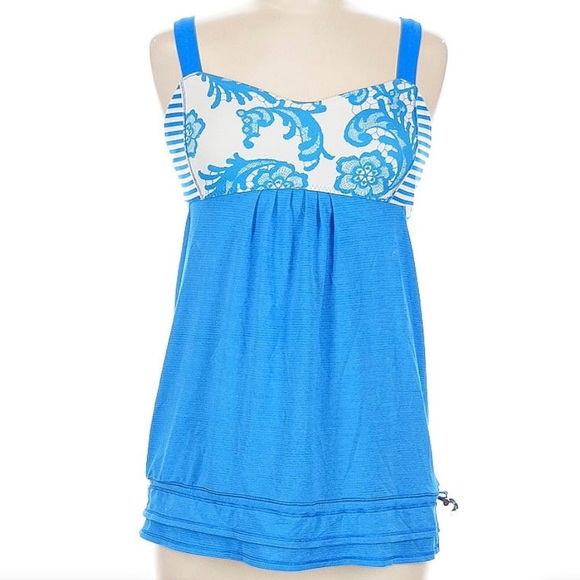 Lululemon Run Back On Track Tank Top Blue White Floral & Stripe Bra Cinch Size 8 - Picture 3 of 8